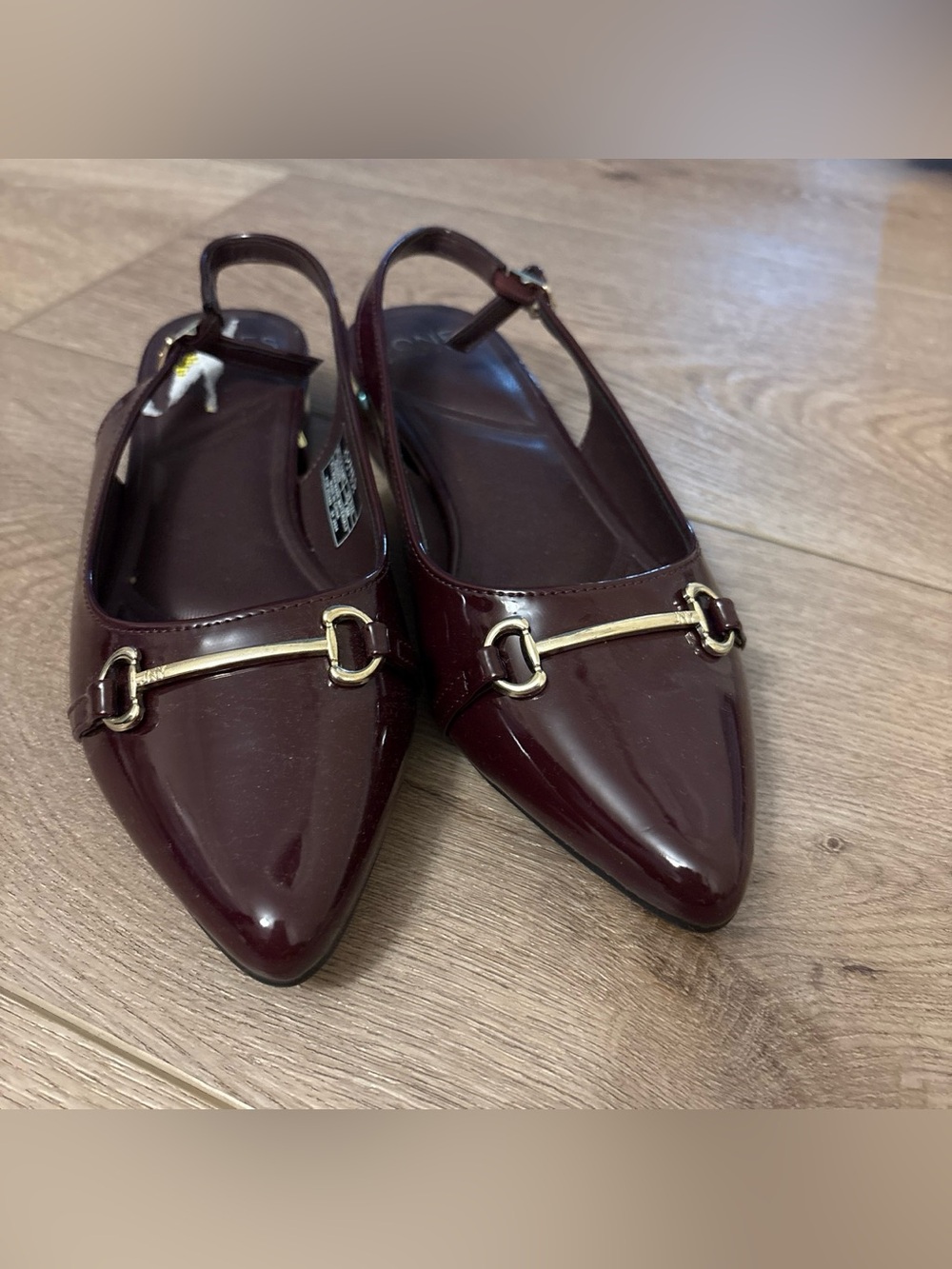 Jones New York Burgundy Patent Pointed Slingback Flats with Gold Accent